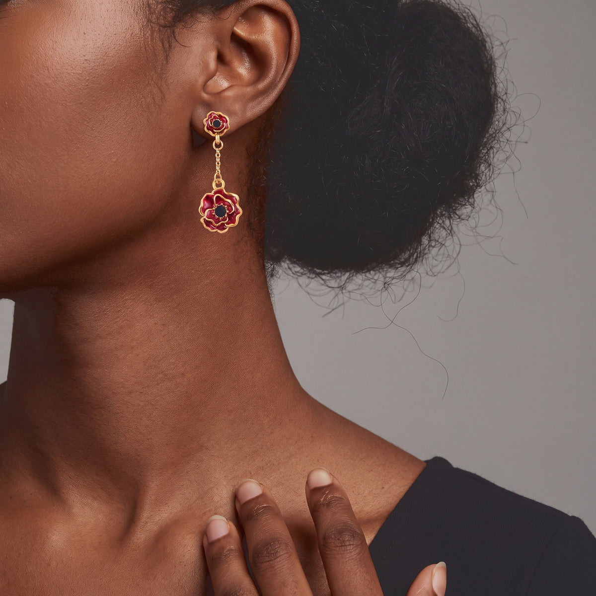 Black Crystal Poppy Flower Dangling Earring with Push Back 8780605 2