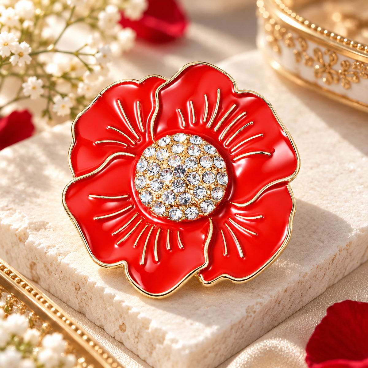 White Crystal Poppy Flower Brooch with Magnet 8780630 1