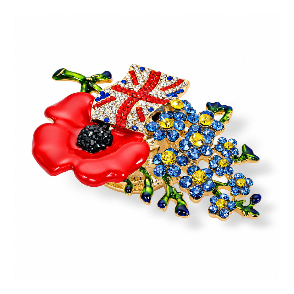 Multi Color Crystal Poppy Flower & England Flag Motif Brooch_8780631_2