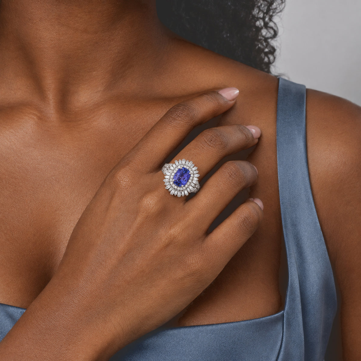 D'Joy - Tanzanite &amp; Moissanite Halo Ring in Rhodium Overlay Sterling Silver 3.10 Ct. 8780672 2