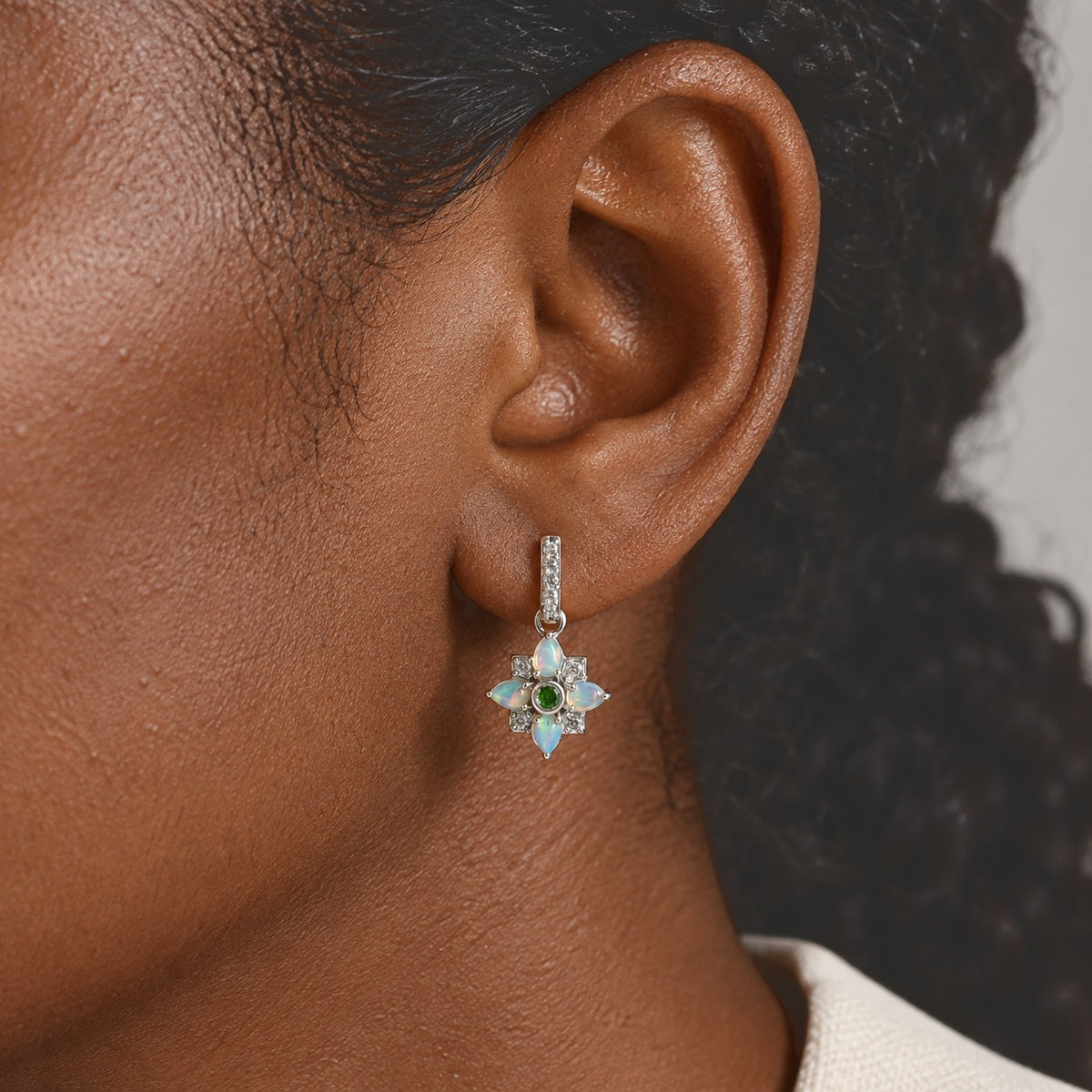 D'joy Ethiopian Opal, Natural Chrome Diopside, White Zircon Dangling Earring in Platinum OverlaySterling Silver  1.152  Ct. 8781352 1