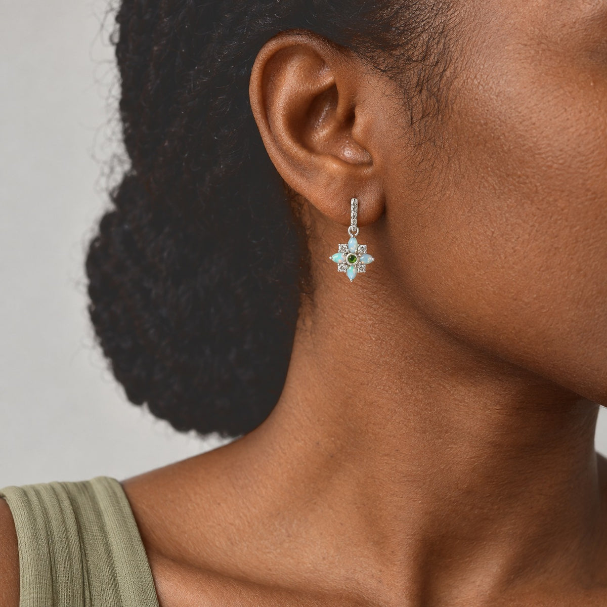 D'joy Ethiopian Opal, Natural Chrome Diopside, White Zircon Dangling Earring in Platinum OverlaySterling Silver  1.152  Ct. 8781352 2
