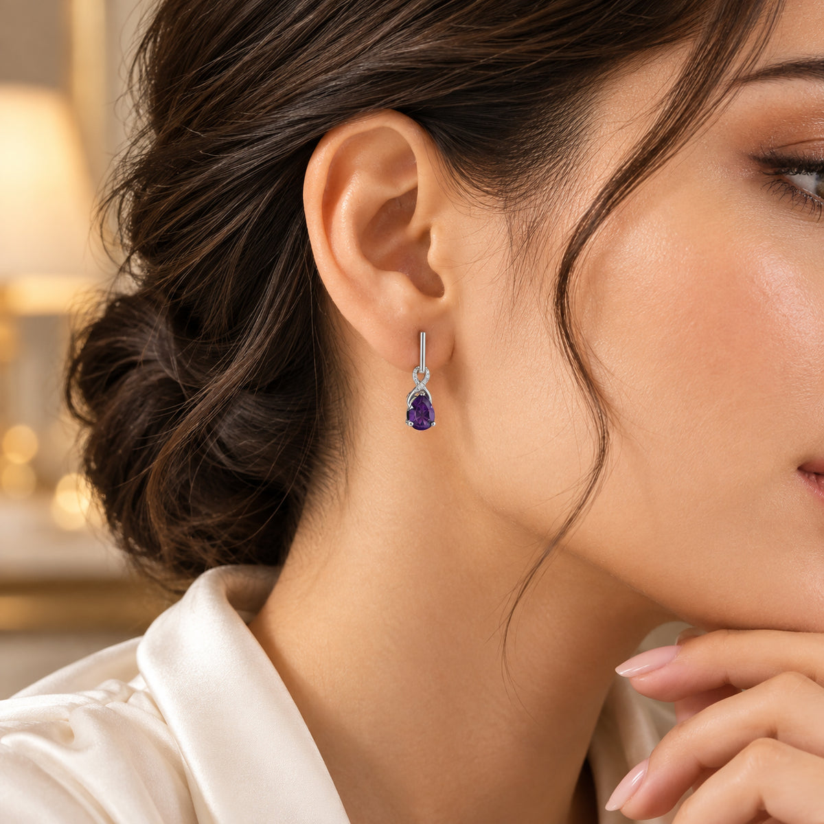 D'Joy - AAA Zambian Amethyst &amp; White Zircon Dangling Earring with Push Post in Platinum Overlay Sterling Silver 2.10 Ct. 8781356 2