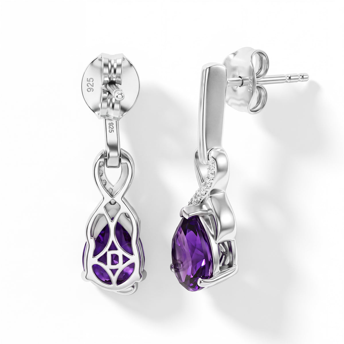 D'Joy - AAA Zambian Amethyst &amp; White Zircon Dangling Earring with Push Post in Platinum Overlay Sterling Silver 2.10 Ct. 8781356 3