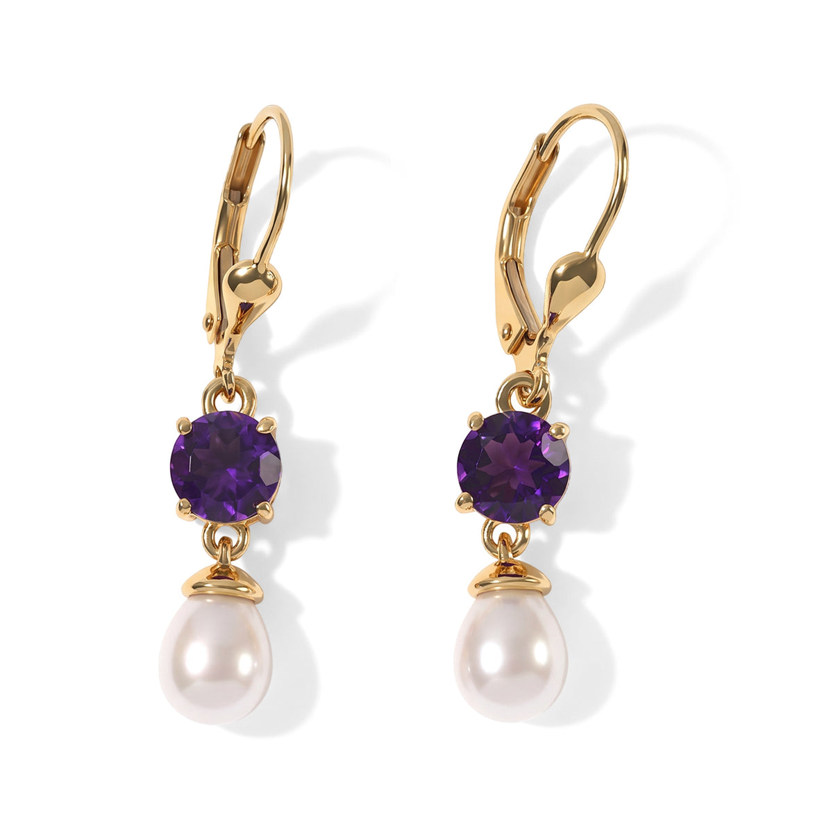 D'Joy - AAA Zambian Amethyst &amp; Fresh Water Pearl Dangling Earring with Lever Back in Yellow Gold Plated Sterling Silver 5.60 Ct. 8781376 0
