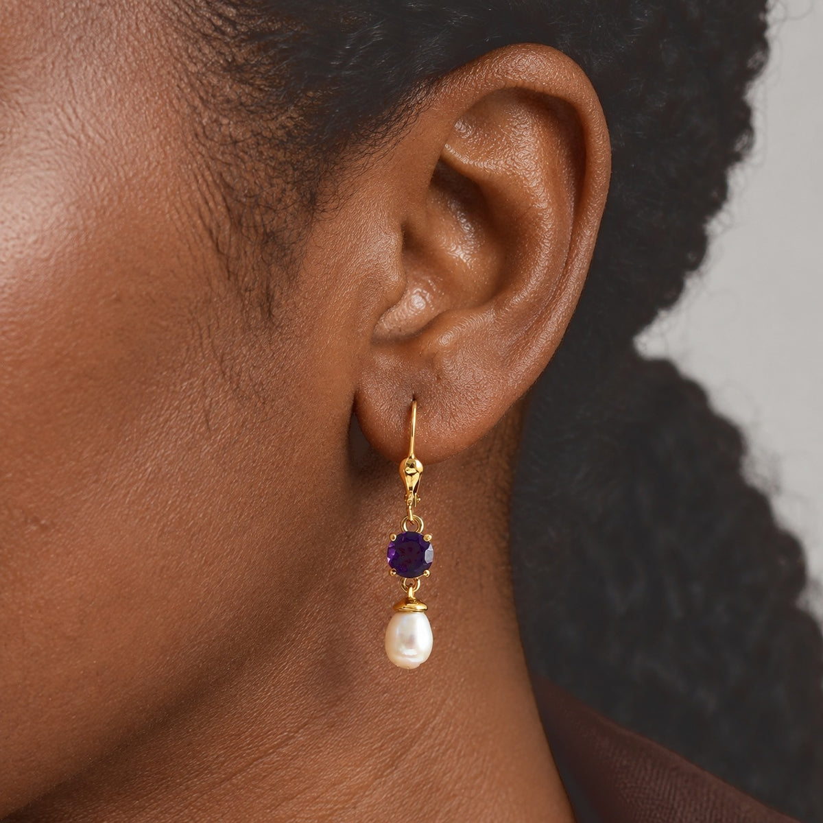 D'Joy - AAA Zambian Amethyst &amp; Fresh Water Pearl Dangling Earring with Lever Back in Yellow Gold Plated Sterling Silver 5.60 Ct. 8781376 1