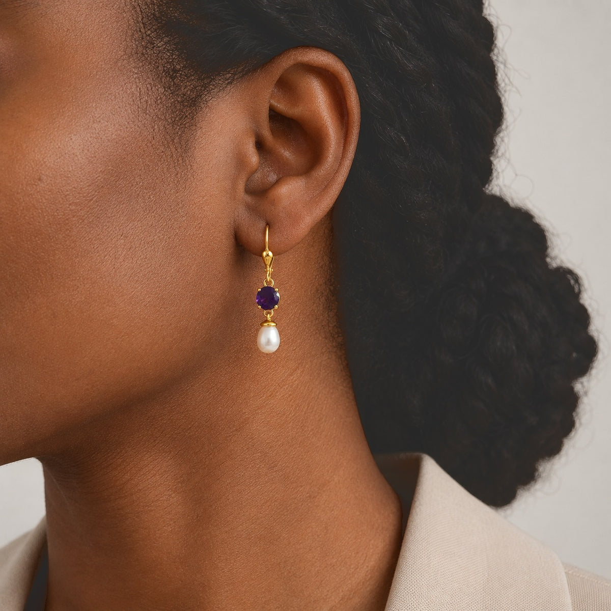 D'Joy - AAA Zambian Amethyst &amp; Fresh Water Pearl Dangling Earring with Lever Back in Yellow Gold Plated Sterling Silver 5.60 Ct. 8781376 2