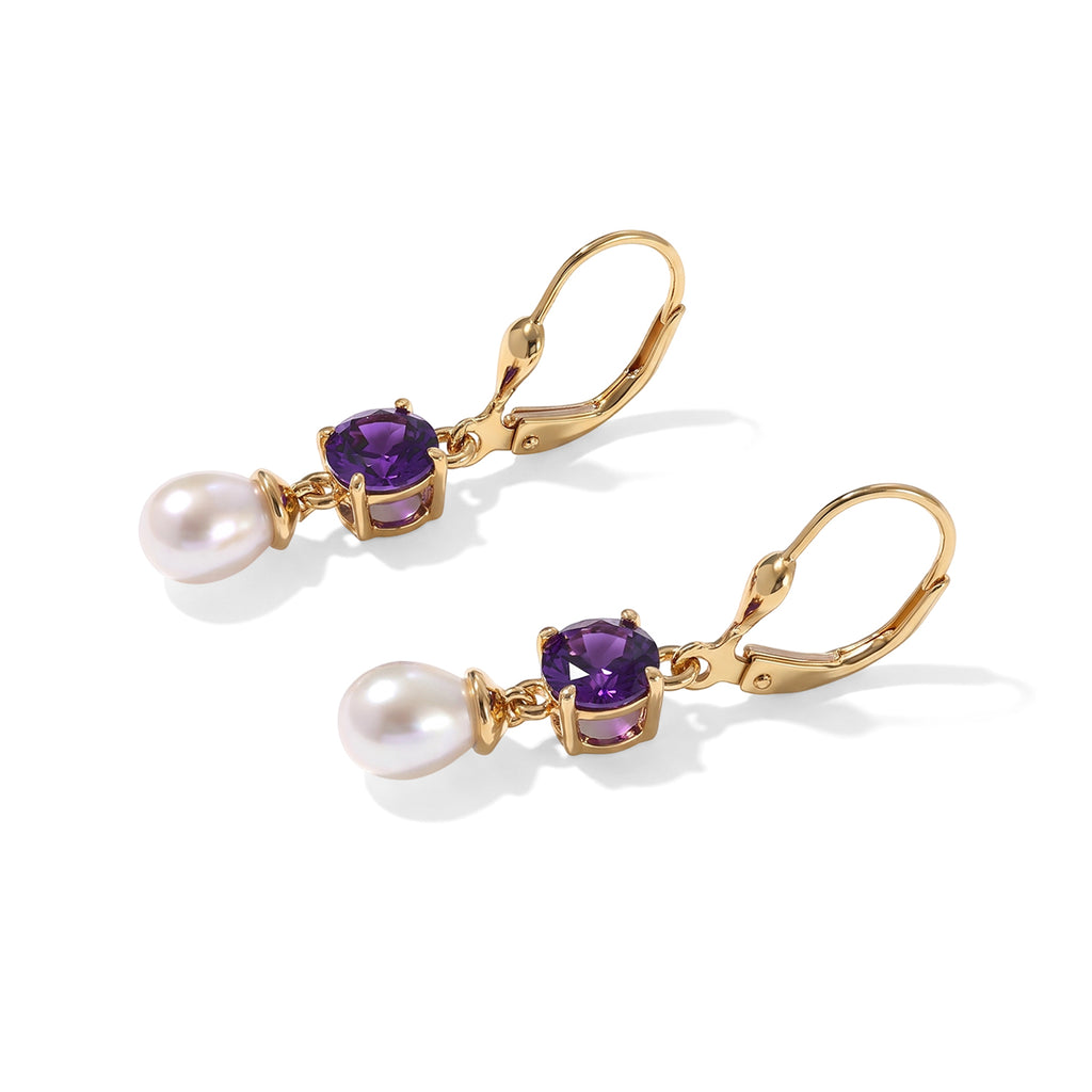 D'Joy - AAA Zambian Amethyst & Fresh Water Pearl Dangling Earring with Lever Back in Yellow Gold Plated Sterling Silver 5.60 Ct._8781376_3