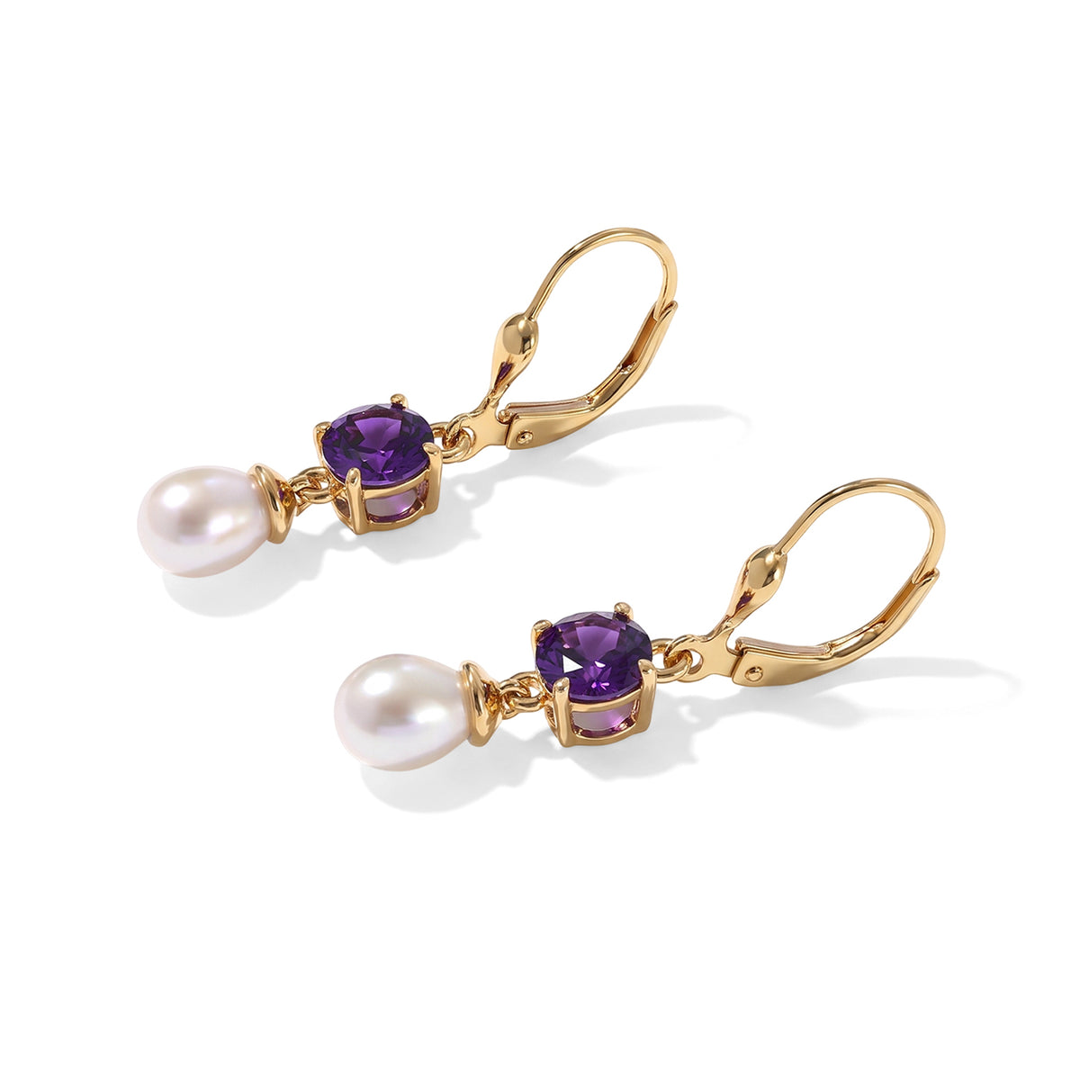 D'Joy - AAA Zambian Amethyst &amp; Fresh Water Pearl Dangling Earring with Lever Back in Yellow Gold Plated Sterling Silver 5.60 Ct. 8781376 3