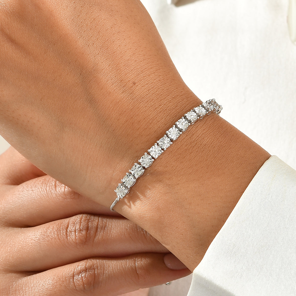 D'Joy - White Diamond Adjustable Bracelet (Size - 9.5) in Platinum Overlay Sterling Silver 8781706 2