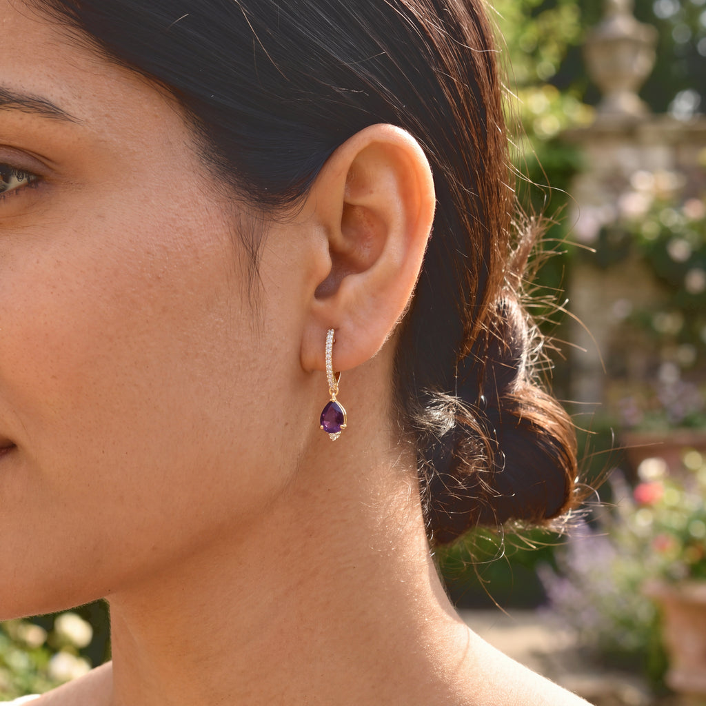 D'Joy - AAA Zambian Amethyst & White Zircon Hoop Earring in Yellow Gold Plated Sterling Silver 2.30 Ct._8782363_2