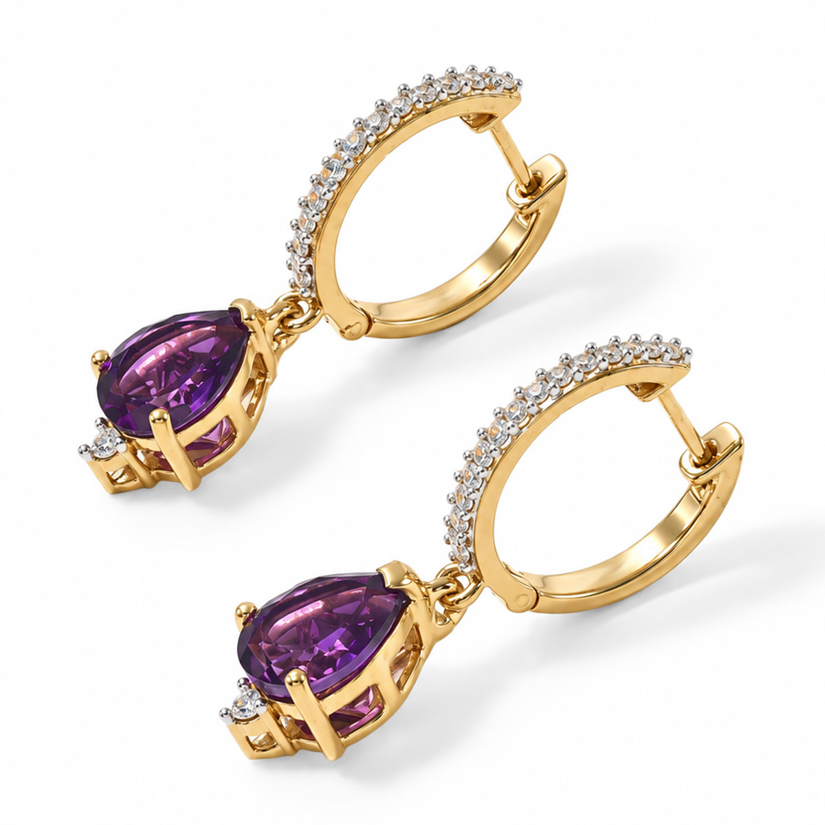 D'Joy - AAA Zambian Amethyst &amp; White Zircon Hoop Earring in Yellow Gold Plated Sterling Silver 2.30 Ct. 8782363 3
