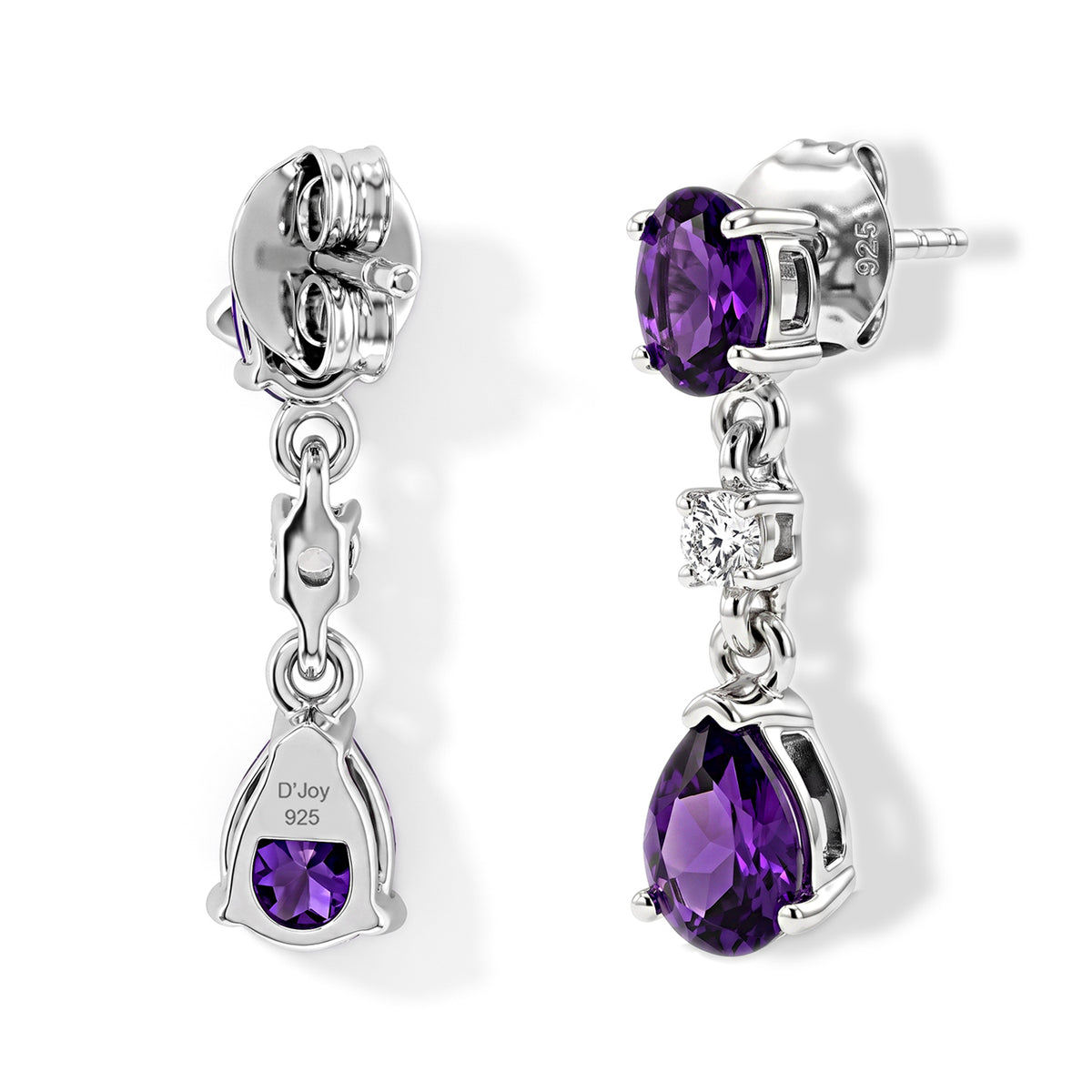 D'Joy - AAA Zambian Amethyst &amp; White Zircon Dangling Earring with Push Post in Platinum Overlay Sterling Silver 2.34 Ct. 8782406 3