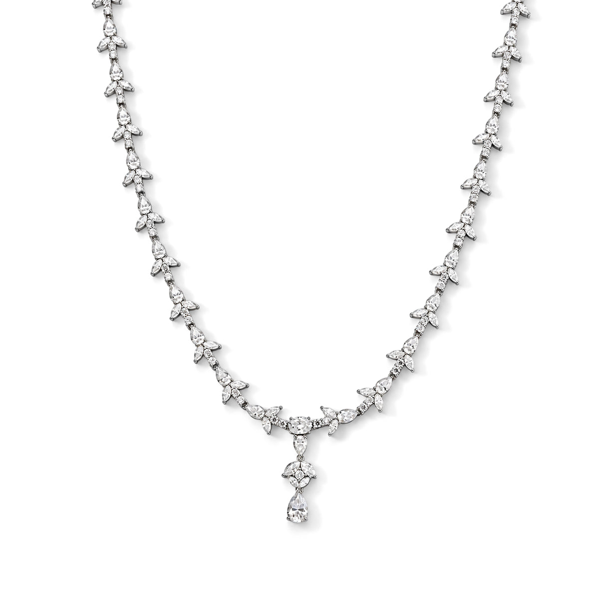 D'Joy - Moissanite Cluster Necklace (Size - 18-2 Ext) in Rhodium Overlay Sterling Silver 23.80 Ct, Silver Wt. 18.20 Gms 8782660 0