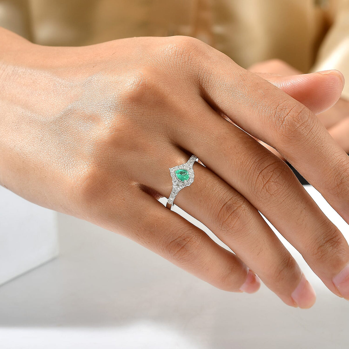 D'Joy - Colombian Emerald &amp; Moissanite Halo Ring in Rhodium Overlay Sterling Silver 8783001 1