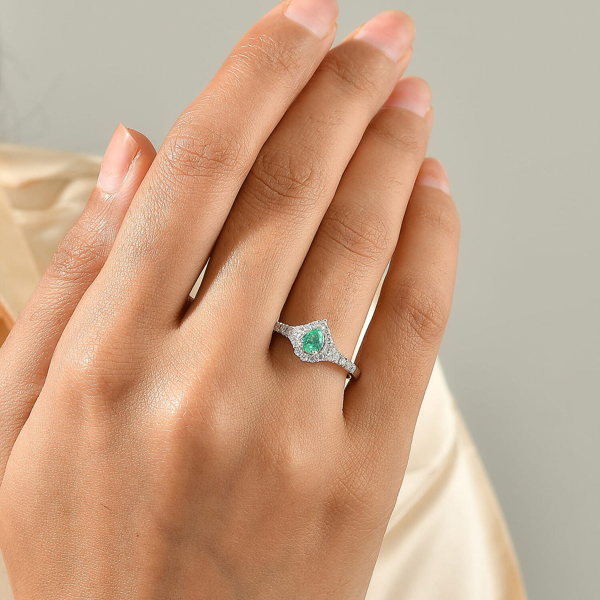 D'Joy - Colombian Emerald &amp; Moissanite Halo Ring in Rhodium Overlay Sterling Silver 8783001 2