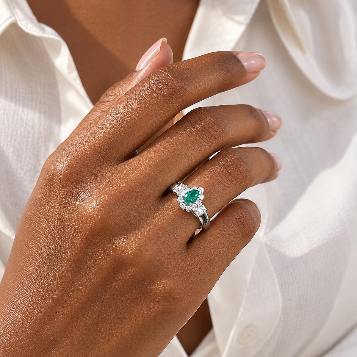 D'Joy - Colombian Emerald &amp; Moissanite Halo Ring in Rhodium Overlay Sterling Silver 1.00 Ct. 8783013 1