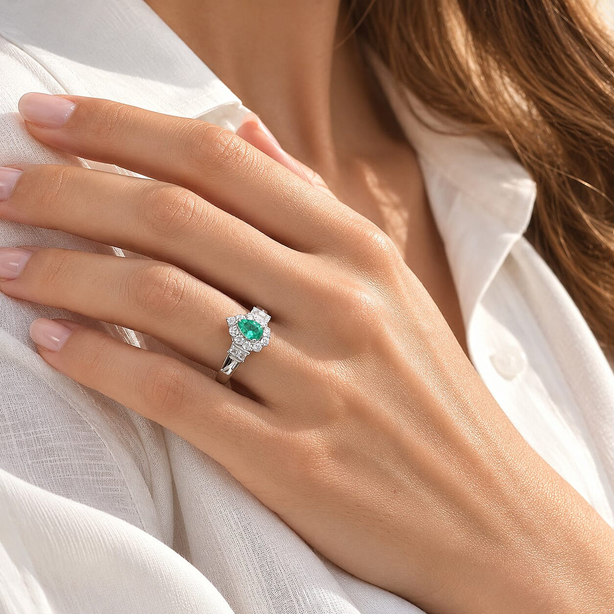 D'Joy - Colombian Emerald &amp; Moissanite Halo Ring in Rhodium Overlay Sterling Silver 1.00 Ct. 8783013 2