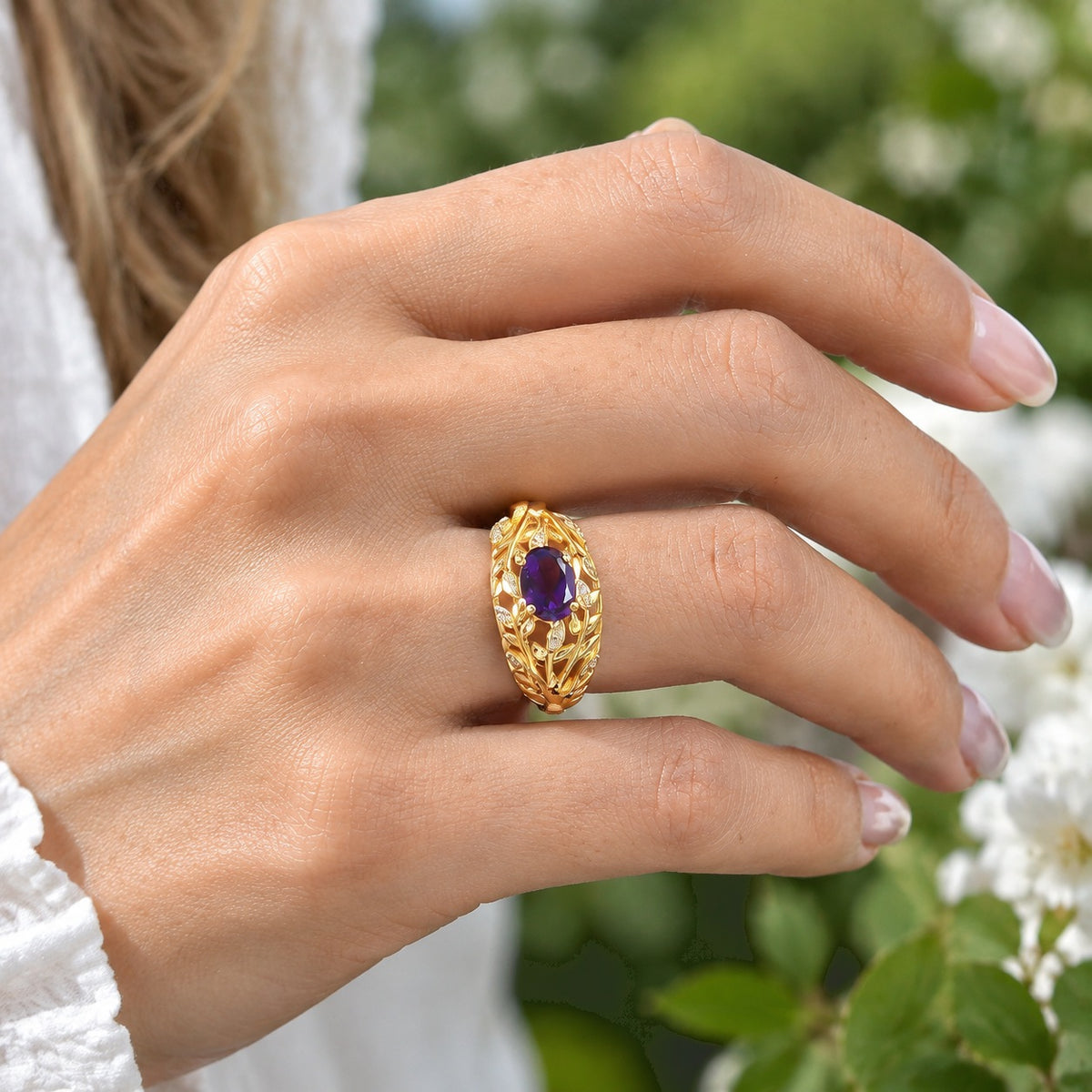 EverTrue Bronzella Collection - AAA Zambian Amethyst &amp; White Zircon Leaf Vine Filigree Ring 1.30 Ct. 8783189 2