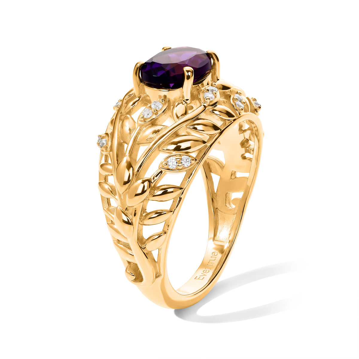 EverTrue Bronzella Collection - AAA Zambian Amethyst &amp; White Zircon Leaf Vine Filigree Ring 1.30 Ct. 8783189 3