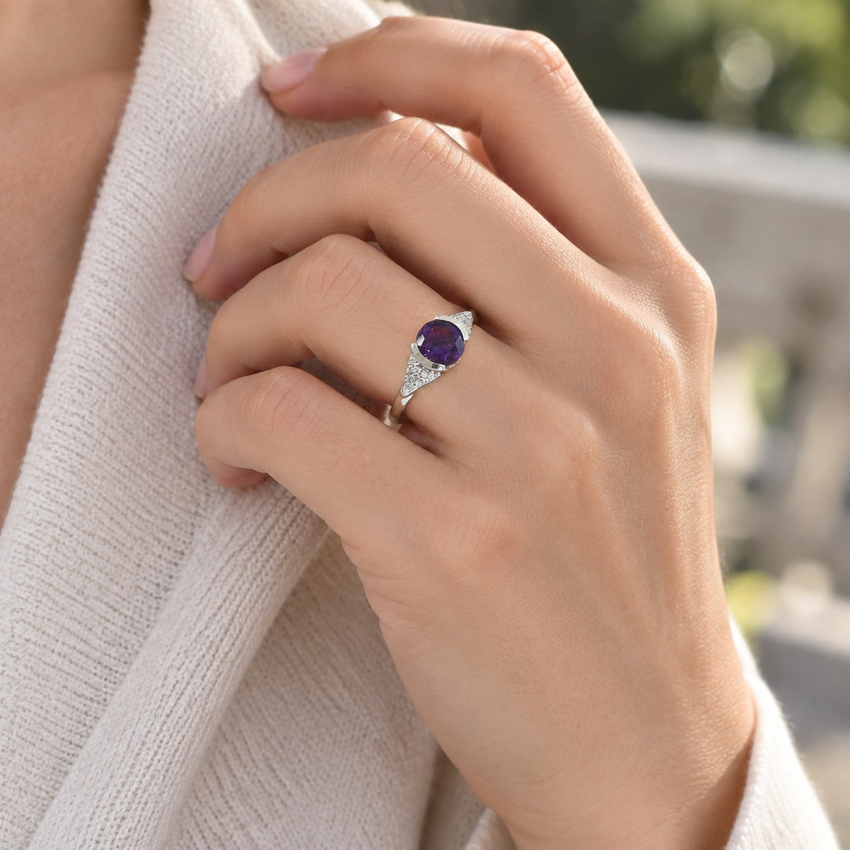 D'Joy - AAA Zambian Amethyst &amp; White Zircon Ring in Platinum Overlay Sterling Silver 2.00 Ct. 8784106 2