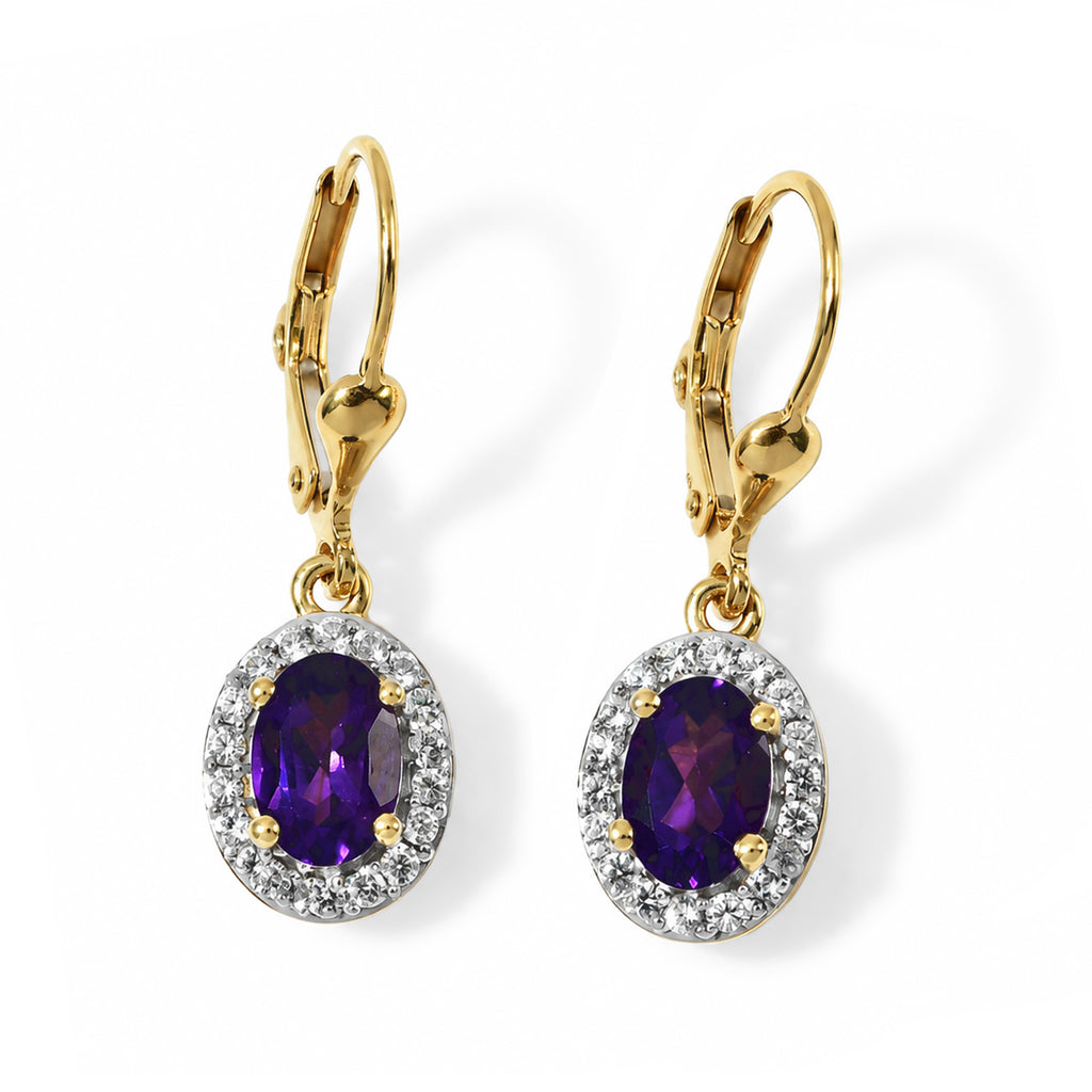 D'Joy - AAA Zambian Amethyst & White Zircon Halo Earring with Lever Back in Yellow Gold Plated Sterling Silver 1.80 Ct._8784946