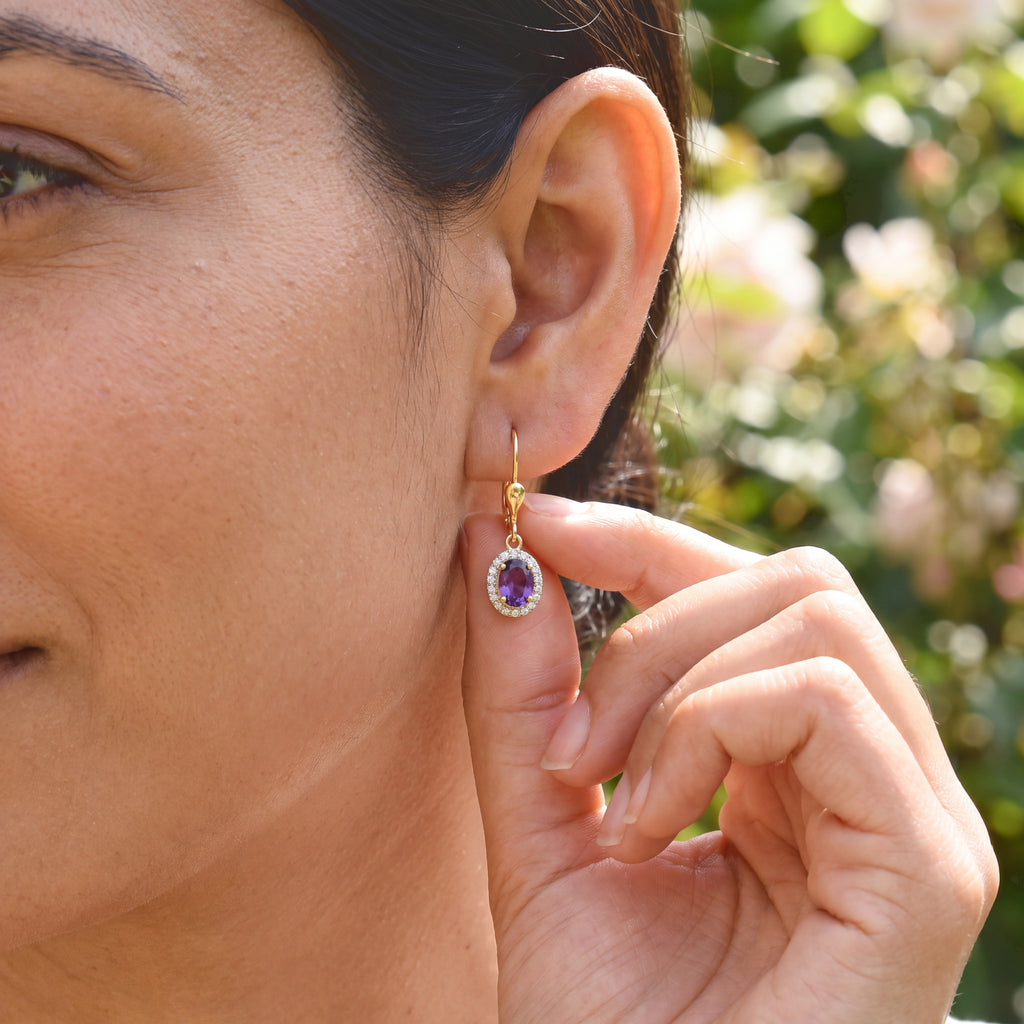 D'Joy - AAA Zambian Amethyst & White Zircon Halo Earring with Lever Back in Yellow Gold Plated Sterling Silver 1.80 Ct._8784946_1