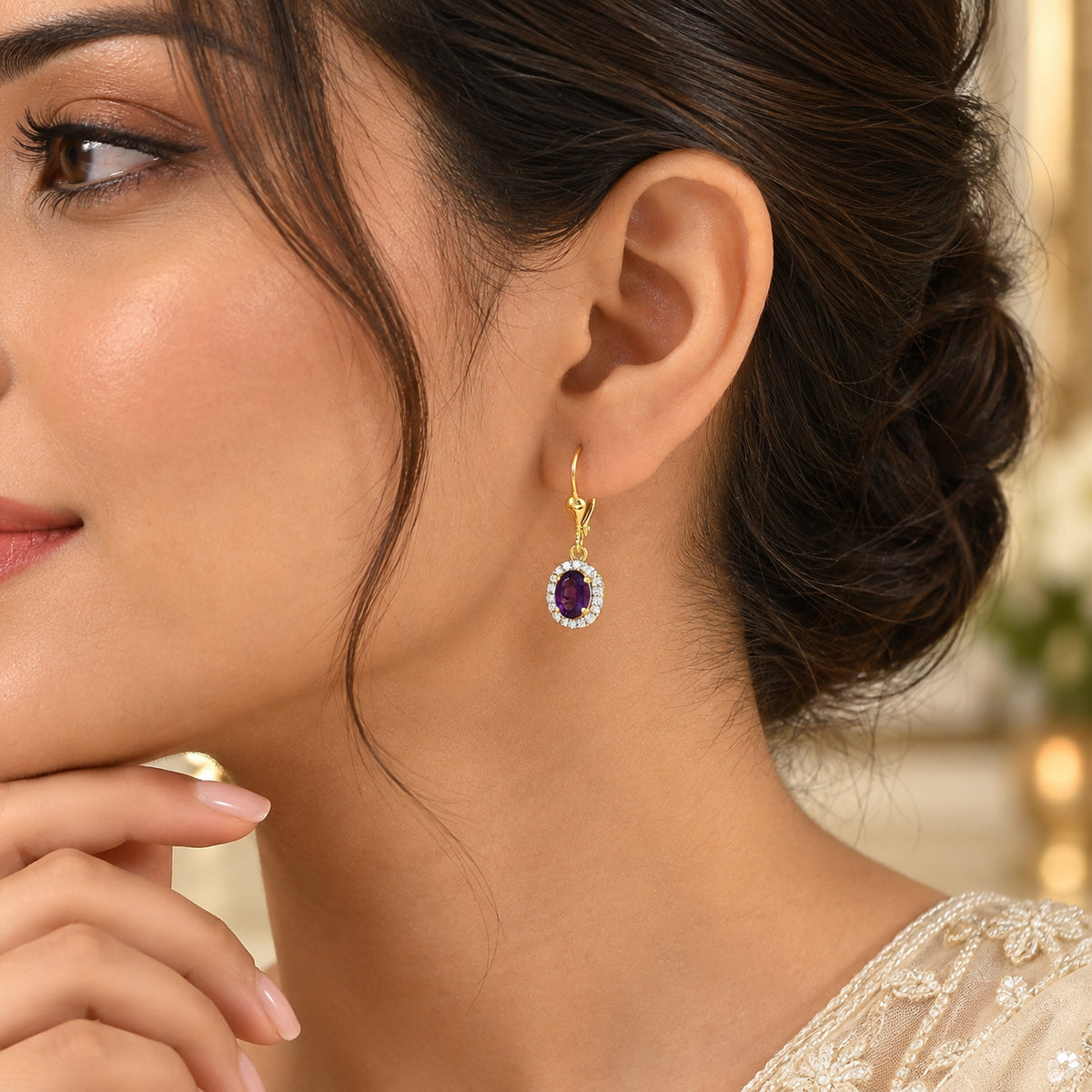 D'Joy - AAA Zambian Amethyst &amp; White Zircon Halo Earring with Lever Back in Yellow Gold Plated Sterling Silver 1.80 Ct. 8784946 2