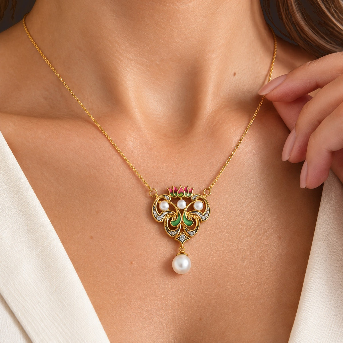 GP - Fresh Water Pearl, White Zircon &amp; Blue Sapphire Necklace (Size - 20) in Yellow Gold Plated Sterling Silver 3.10 Ct. 8784969 2