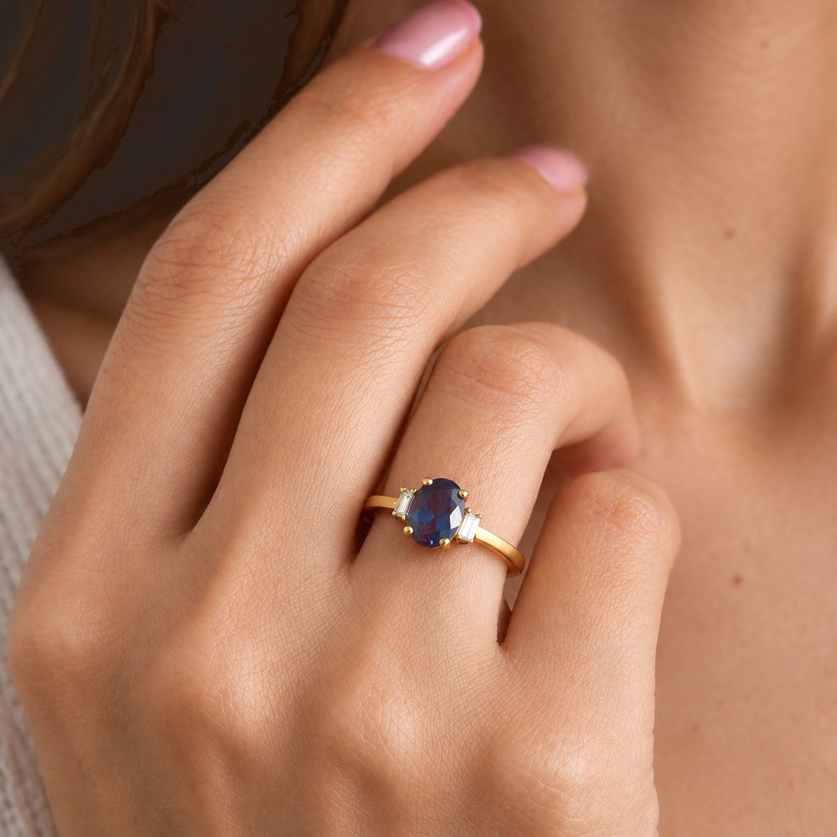 Luxuriant Lab Grown Alexandrite, Lab Grown Diamond Main Stone With Side Stone Ring in 18K YG VermeilSterling Silver  1.523  Ct. 8785011 1