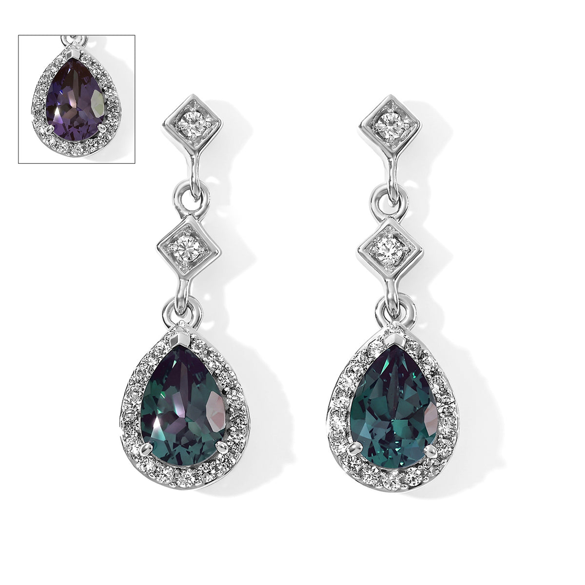 D'Joy - AAA Lab Grown Alexandrite &amp; White Zircon Dangling Earring with Push Back in Rhodium Overlay Sterling Silver 2.15 Ct. 8785026 0