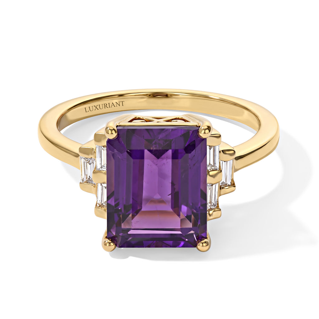 Luxuriant - AAA Zambian Amethyst & Lab Grown Diamond (SI/G-H) Ring in 18K Vermeil Yellow Gold Plated Sterling Silver 3.50 Ct._8786168
