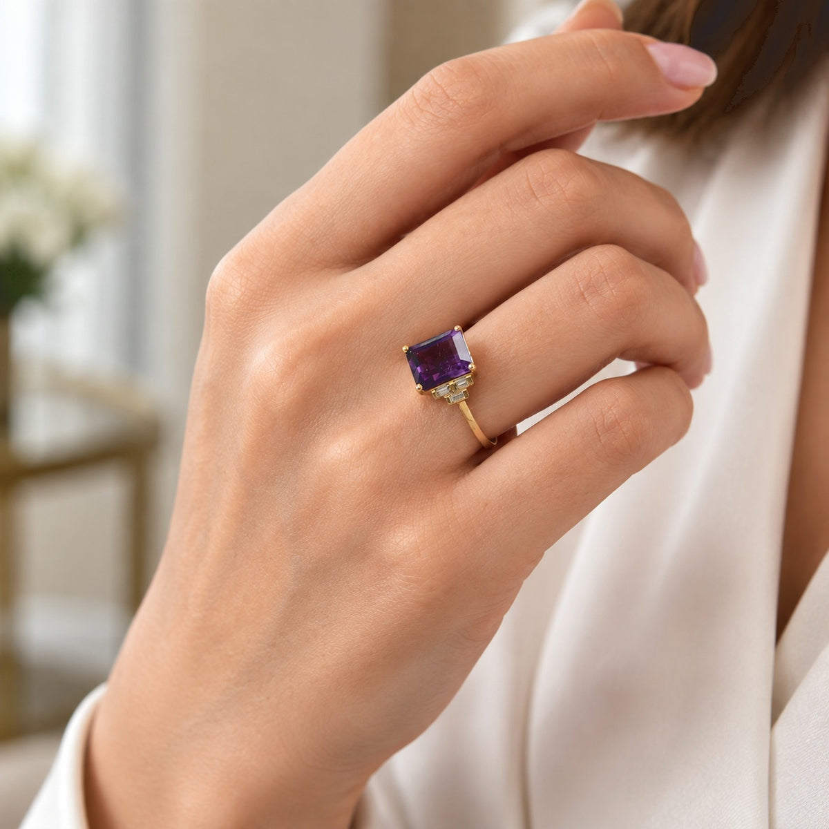Luxuriant - AAA Zambian Amethyst &amp; Lab Grown Diamond (SI/G-H) Ring in 18K Vermeil Yellow Gold Plated Sterling Silver 3.50 Ct. 8786168 2