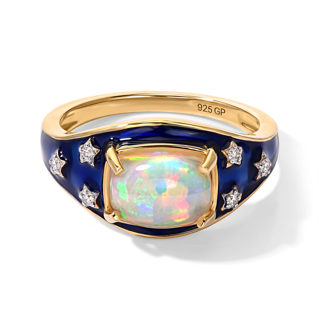 GP Ethiopian Opal, White Zircon, Kanchanaburi Blue Sapphire Main Stone With Side Stone Ring in 18K YG VermeilSterling Silver, Silver Wt.5 Gms  1.578  Ct._8786232