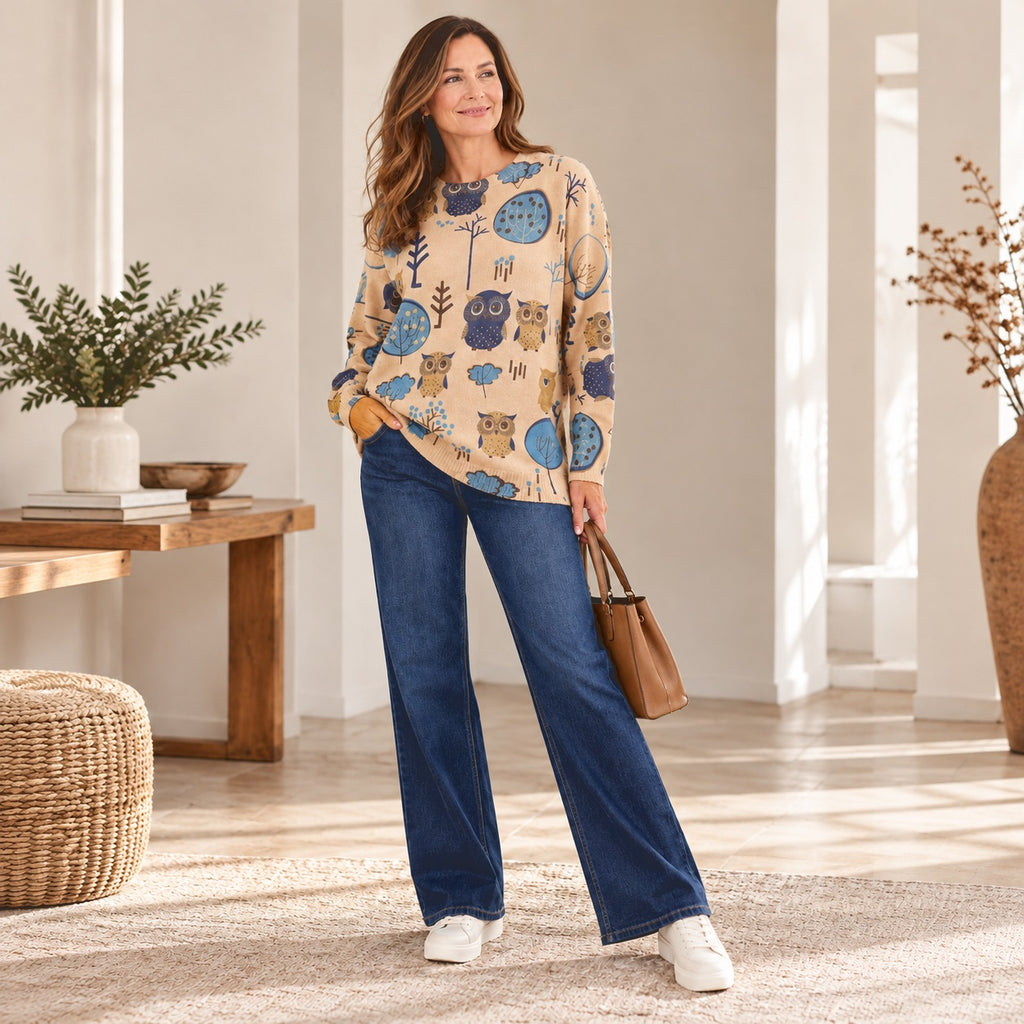 Chilli Charm Owl & Woodland Tree Print Jumper (One Size) - Beige_8787675