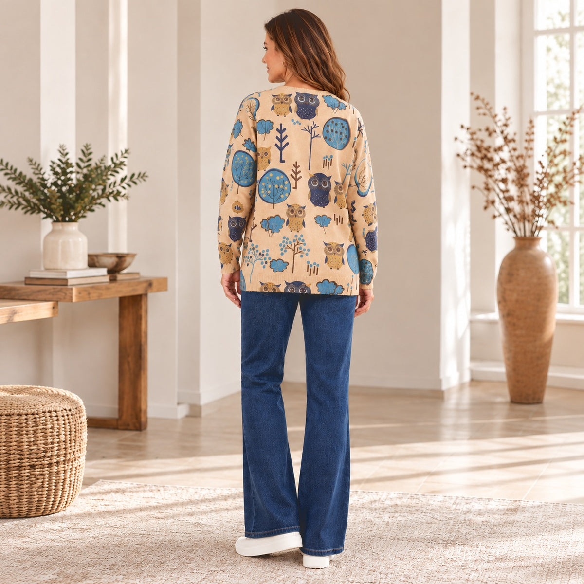 Chilli Charm Owl &amp; Woodland Tree Print Jumper (One Size) - Beige 8787675 1