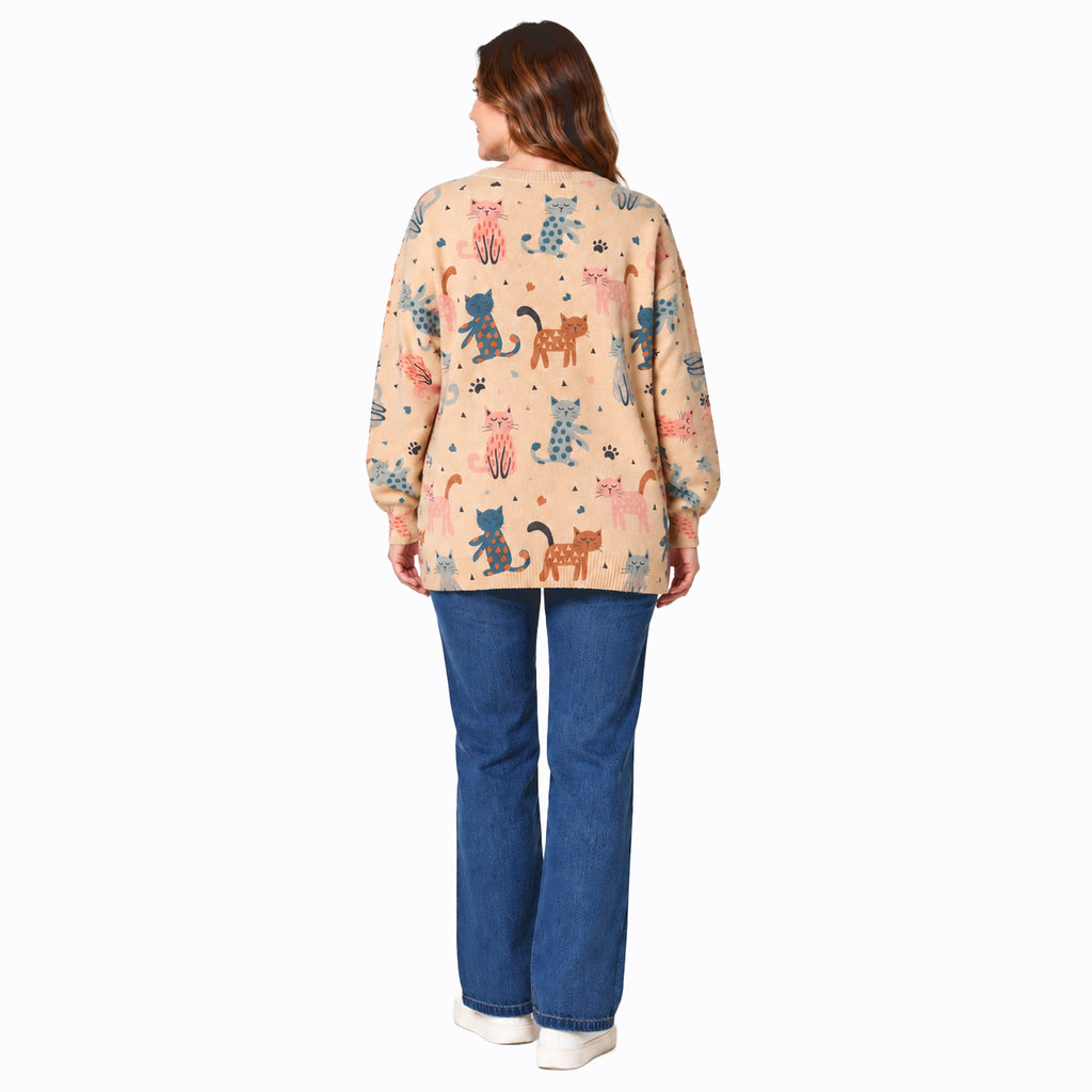 Chilli Charm All Over Colourful Cat Print Jumper (One Size) - Beige_8787697_1