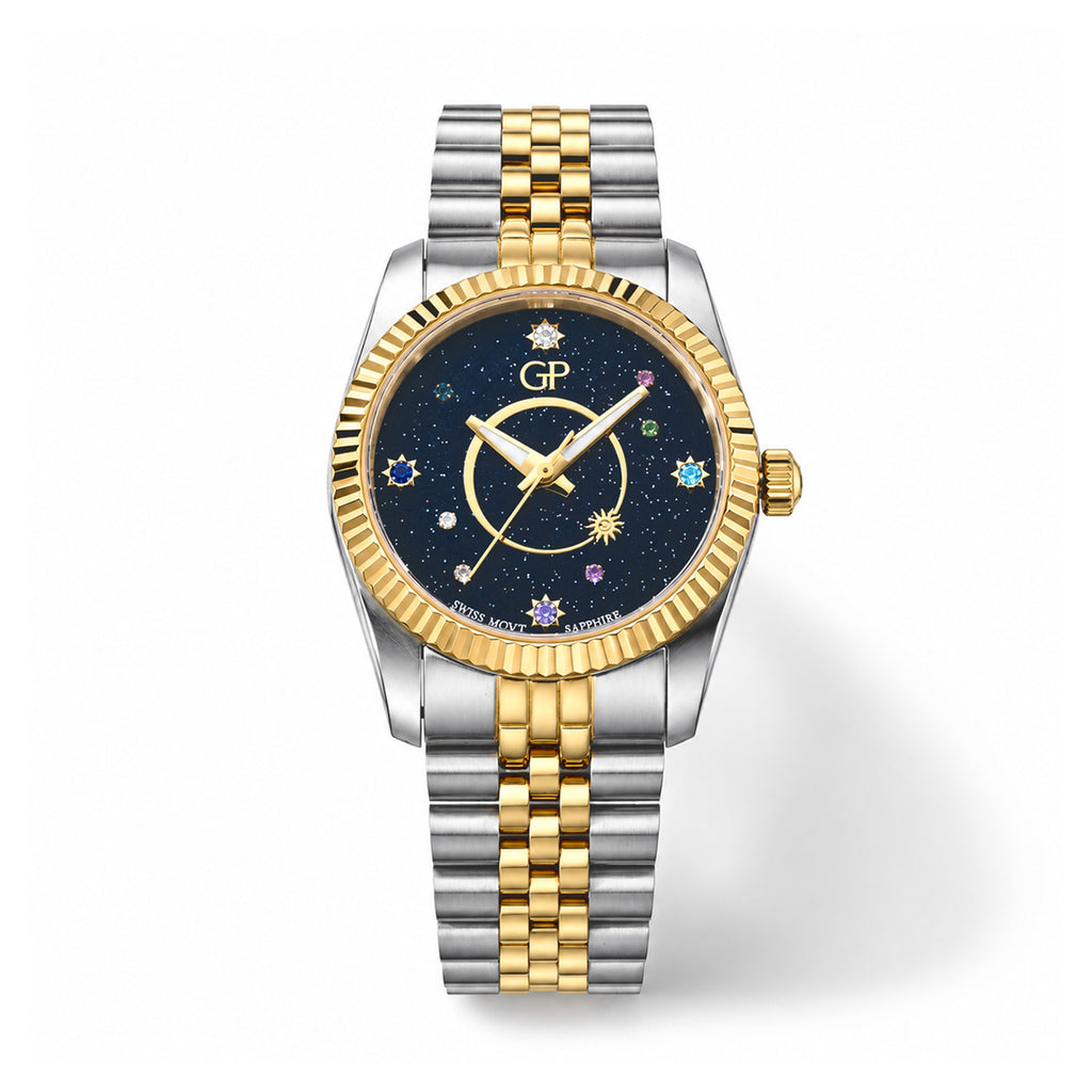 GP Multi Color Crystal, Blue Sapphire Watch Pure White Stainless Steel  0.110  Ct._8787851