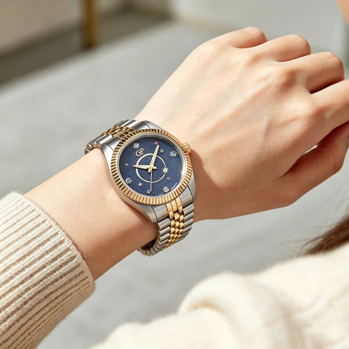 First Time Ever - GP Multi Color Crystal, Blue Sapphire Watch Pure White Stainless Steel. 8787851 1
