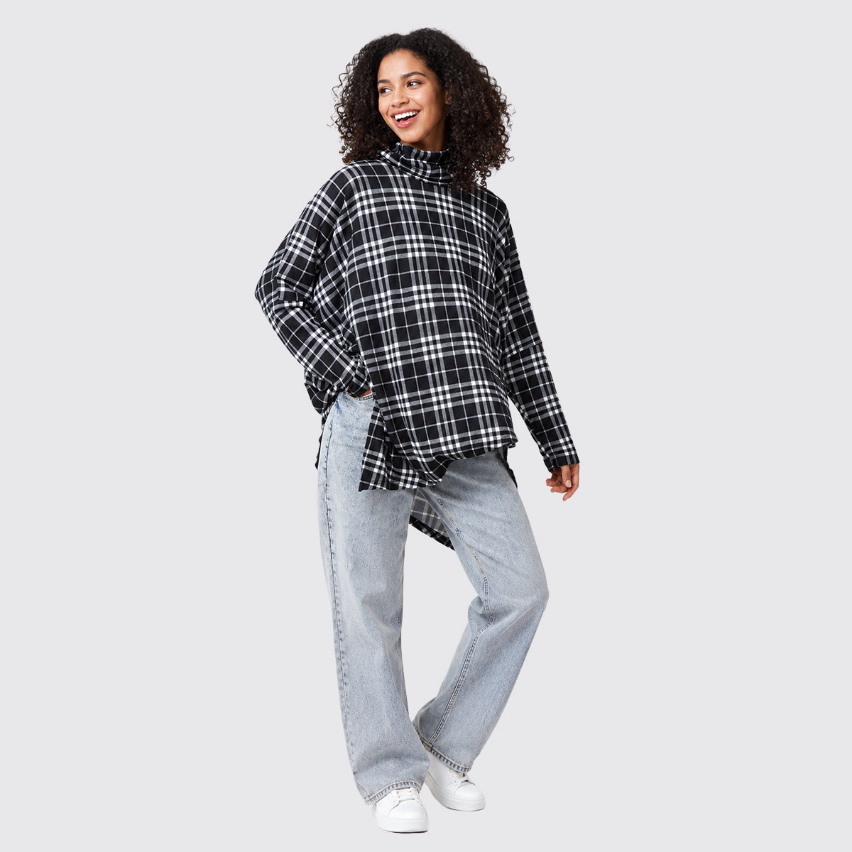QED London Check Print Asymmetric Hem Top (One Size) - Black &amp; White 8787997 0