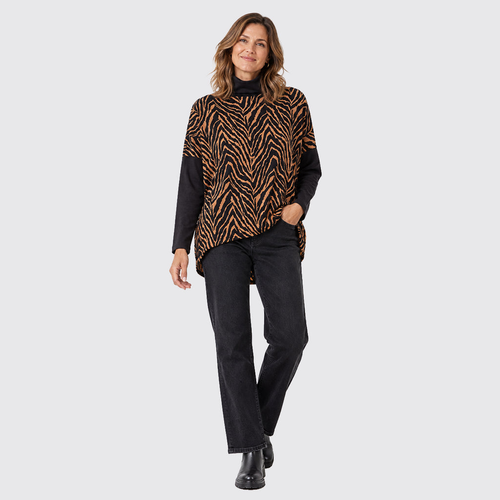 QED London Animal Print Roll Neck Top (Size M/L, 14-18) - Brown_8788000