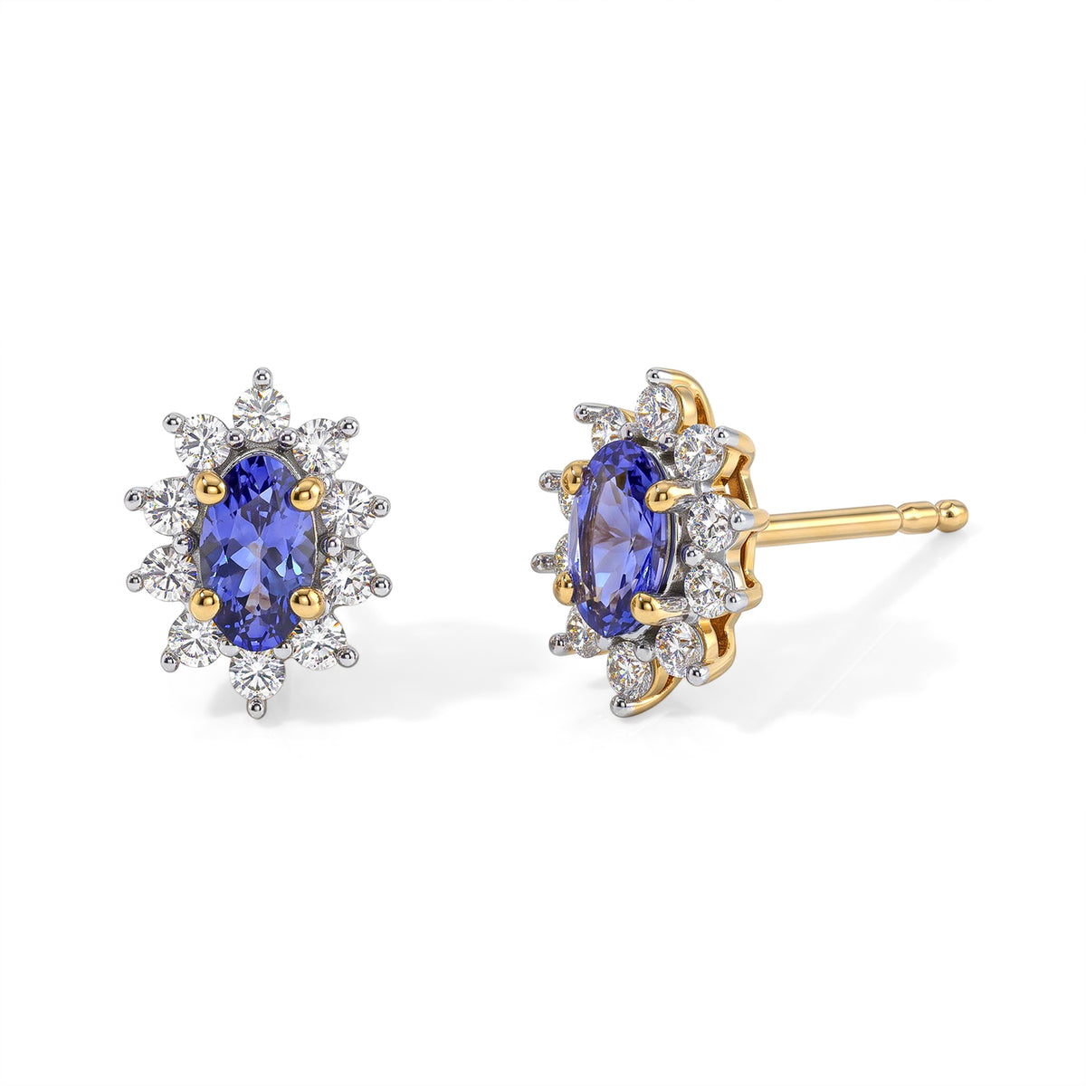 D'Joy - Tanzanite &amp; White Zircon Halo Earring with Push Post in Yellow Gold Plated Sterling Silver 8788214 0
