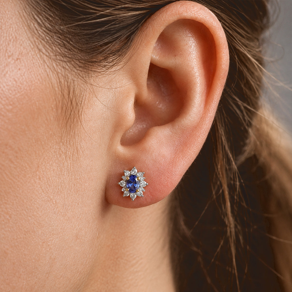 D'Joy - Tanzanite &amp; White Zircon Halo Earring with Push Post in Yellow Gold Plated Sterling Silver 8788214 1