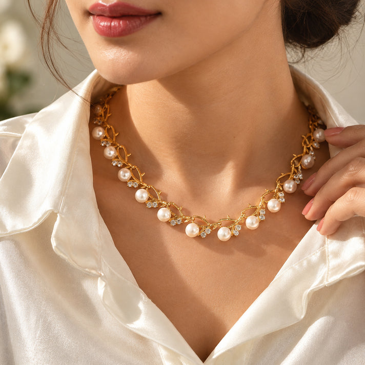 EverTrue - Fresh Water Pearl &amp; White Zircon Necklace (Size - 20) in Yellow Gold Tone 33.30 Ct. 8788227 2