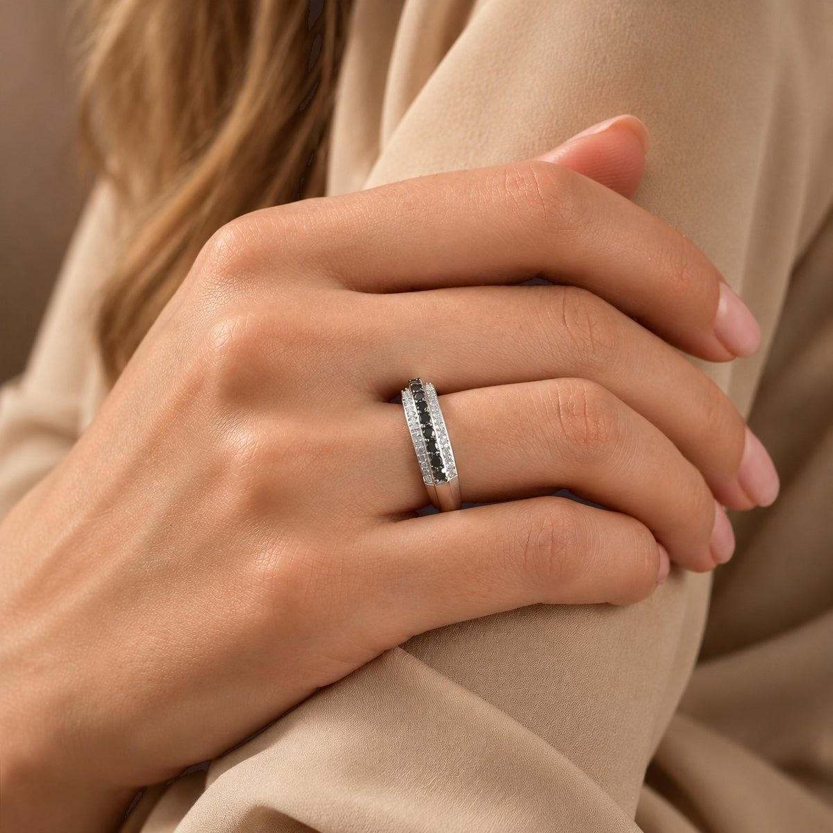 D'Joy - Black Diamond &amp; White Diamond Half Eternity Band Ring in Rhodium Overlay Sterling Silver 0.50 Ct. 8788607 1