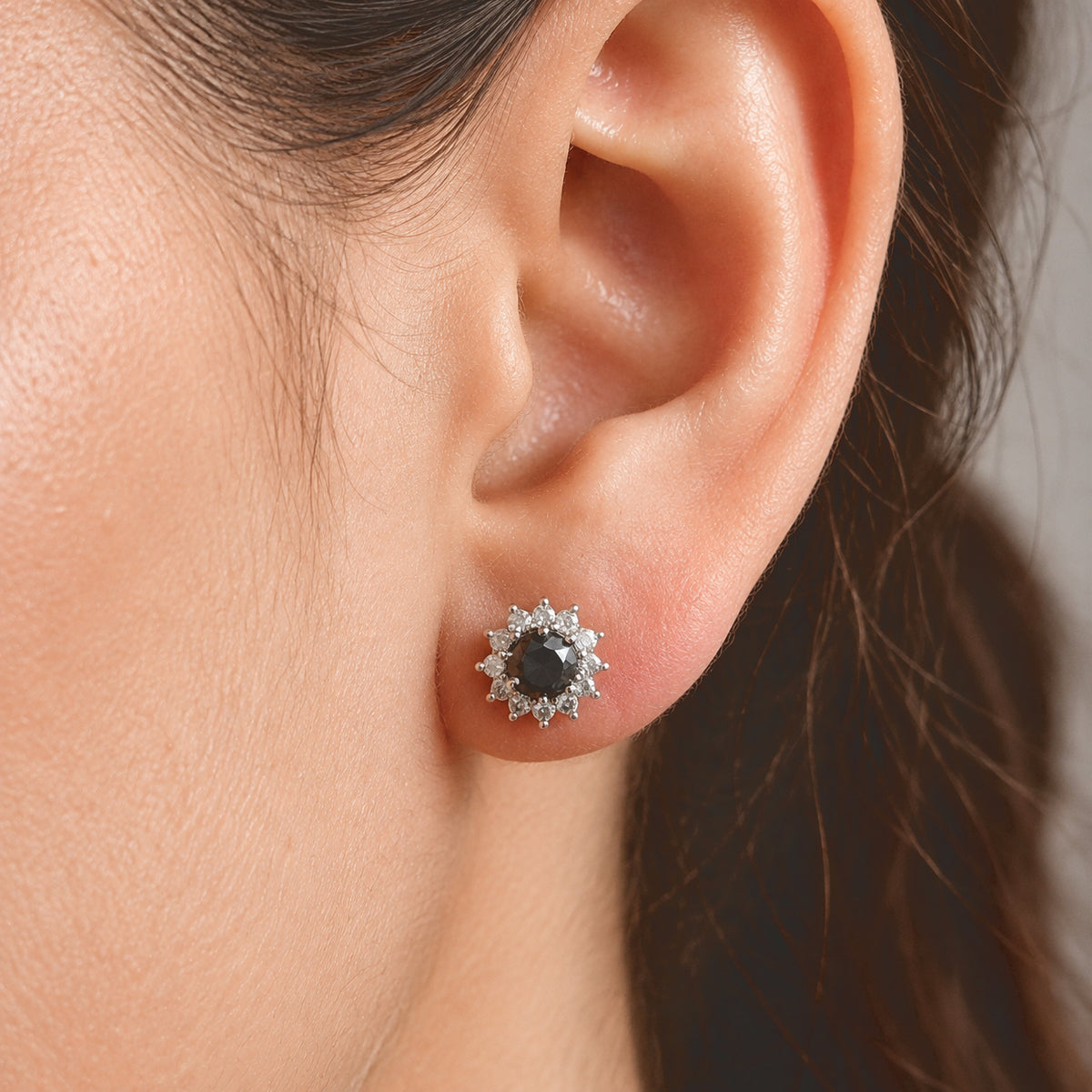D'Joy - Black Diamond &amp; White Diamond Halo Stud Earring with Push Post in Rhodium Overlay Sterling Silver 1.10 Ct. 8788616 1