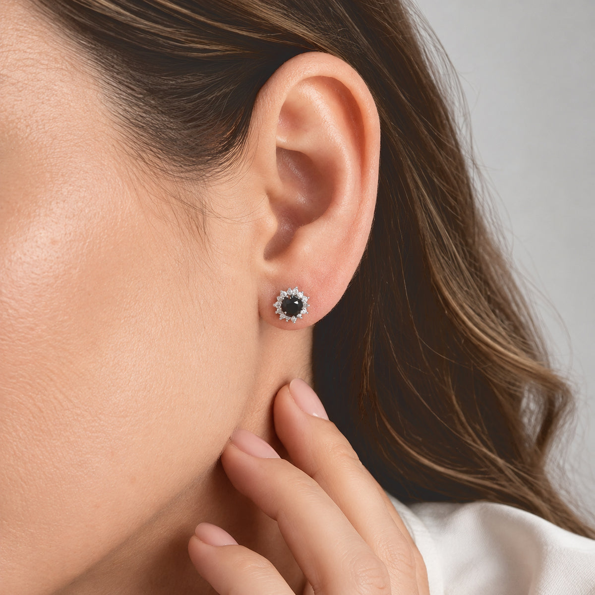 D'Joy - Black Diamond &amp; White Diamond Halo Stud Earring with Push Post in Rhodium Overlay Sterling Silver 1.10 Ct. 8788616 2