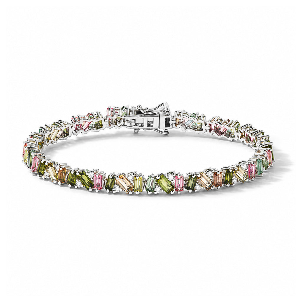 D'Joy - Multi-Tourmaline & Moissanite Tennis Bracelet (Size - 7.5) with GB Lock Box in Rhodium Overlay Sterling Silver 8.65, Silver Wt. 13.12 Gms_8788649