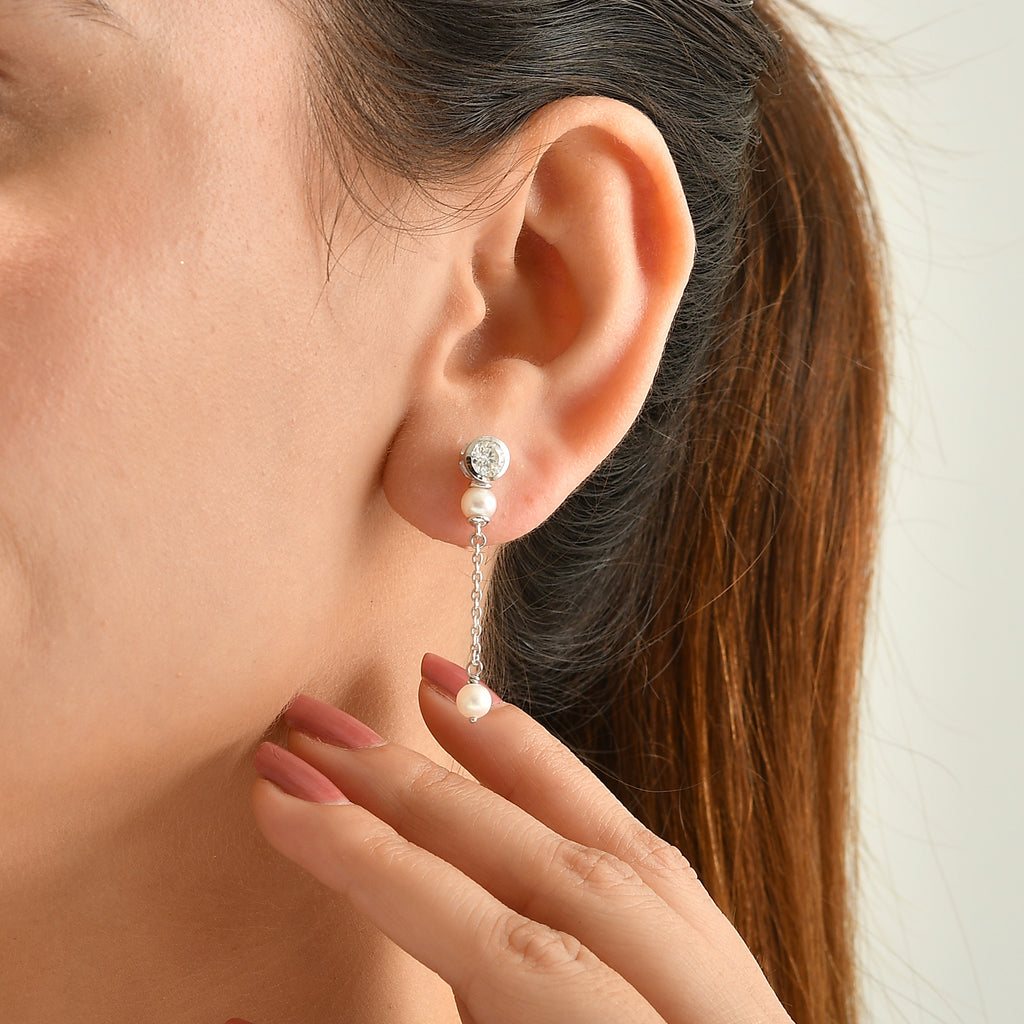 D'Joy - Moissanite & Fresh Water Pearl Dangling Earring in Platinum Overlay Sterling Silver 2.45 Ct._8789018_1