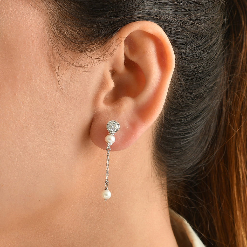 D'Joy - Moissanite & Fresh Water Pearl Dangling Earring in Platinum Overlay Sterling Silver 2.45 Ct._8789018_2